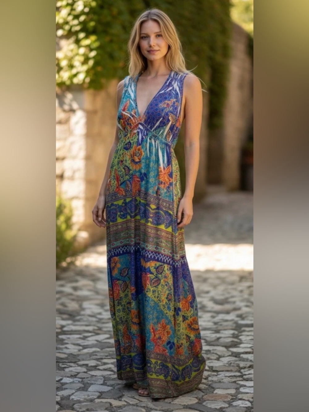 Boston Proper Boho Maxi Dress Colorful Floral Paisley Print Size Small